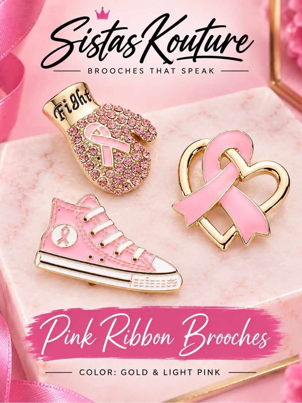 Pink Ribbon Brooch Set - Gold & Light Pink